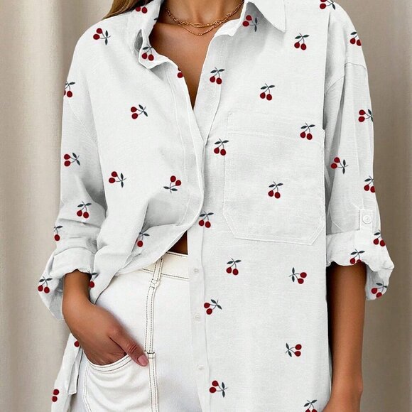 White Casual Women's Cherry Print Vacation button down Shirt - Picture 7 of 7